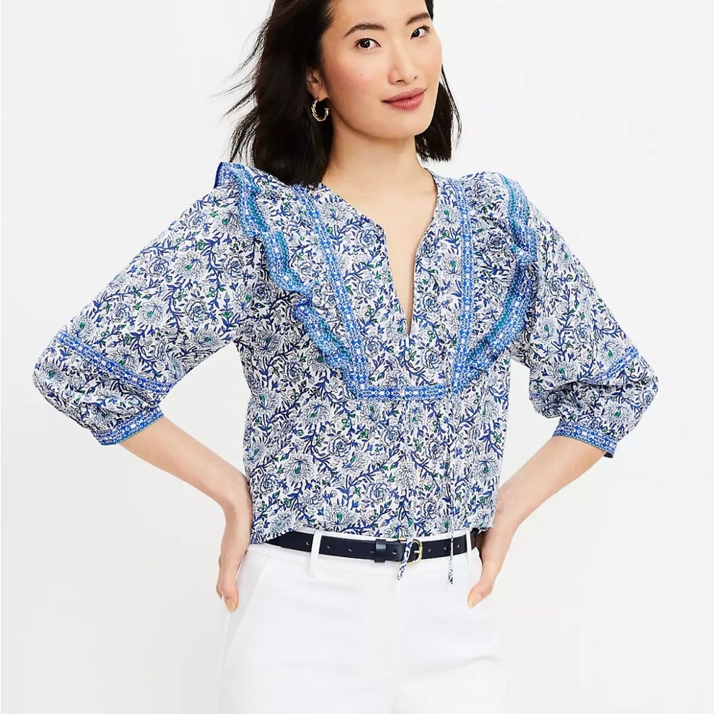 LOFT Blue Floral Ruffle Blouse